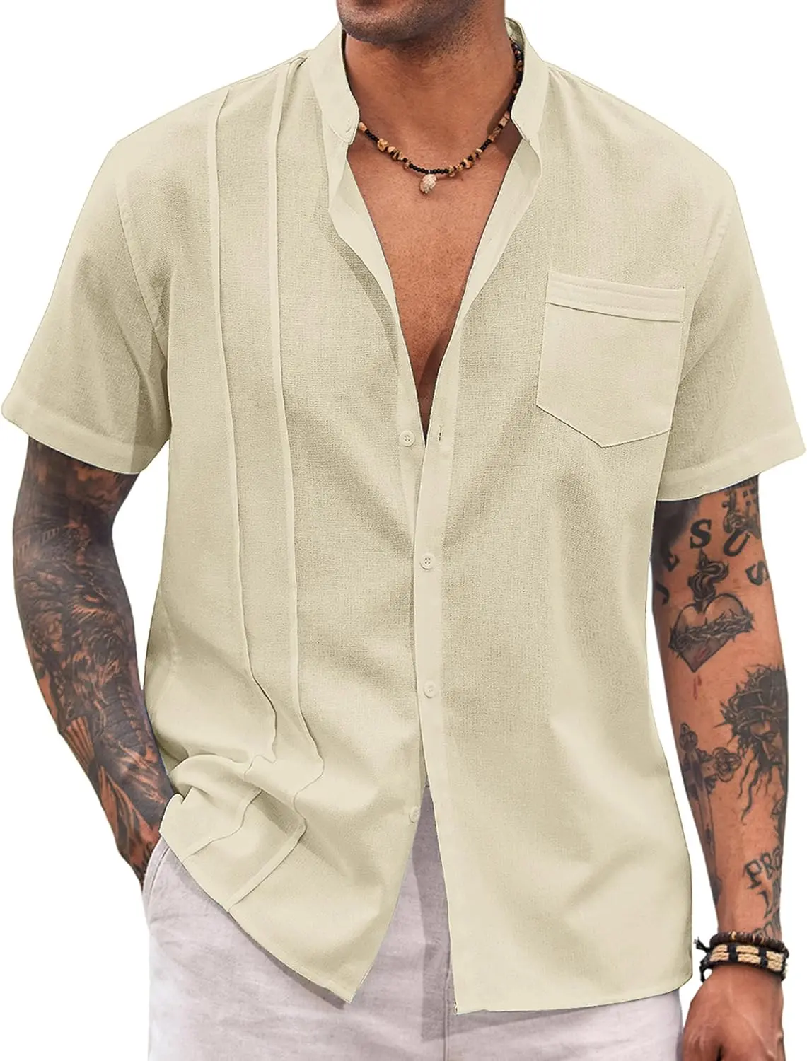9 Pack-Men's Cuban Guayabera Shirt Cotton Linen Short Sleeve Button Down Shirts Casual Band Collar Summer Shirt