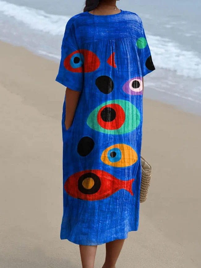 Women's Vintage Lovely Fish Art Print Flowy Dress 1c5e