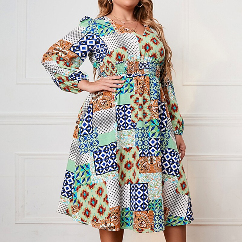 Women's Plus Size Casual Dress Geometric V Neck Long Sleeve Fall Winter Casual Midi Dress Causal Daily Dress