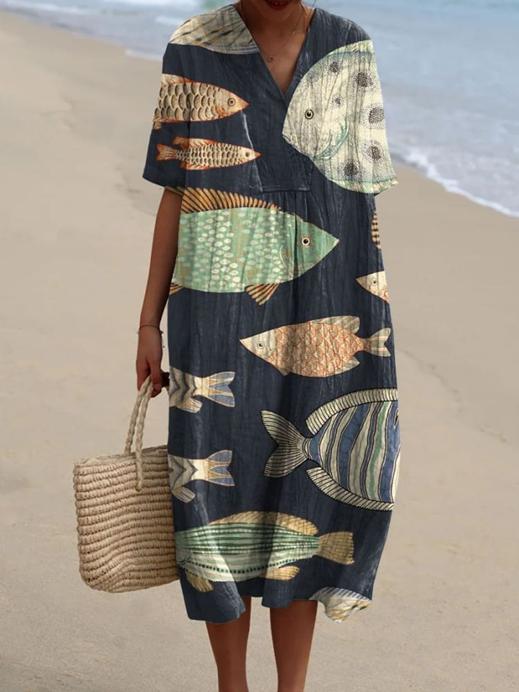 Women's Vintage Lovely Fish Art Print Flowy Dress dde0