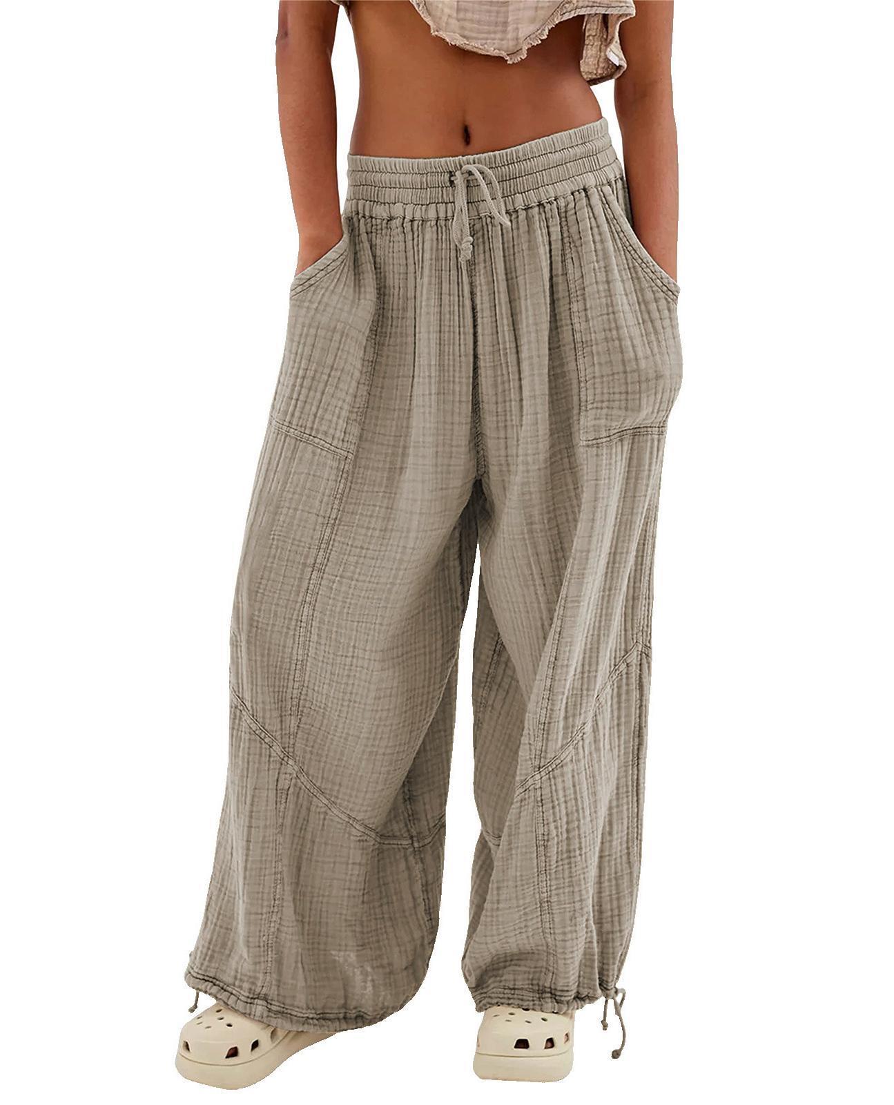 Ladies Casual Fashion Solid Color Strap Pocket Wide Leg Pants Trousers Casual Pants 0618