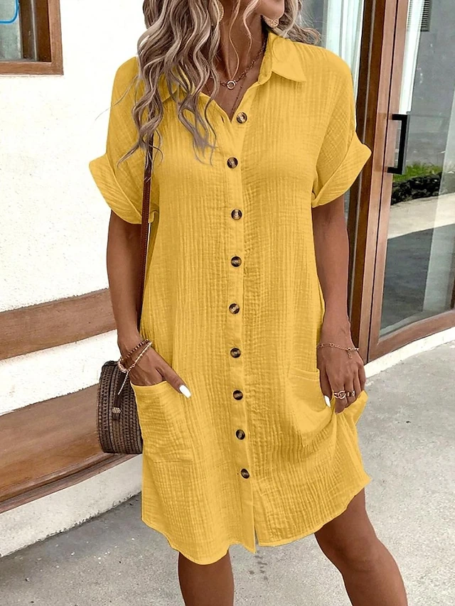 Women's Shirt Dress Mini Dress Button Pocket Vacation Casual V Neck Short Sleeve aa06