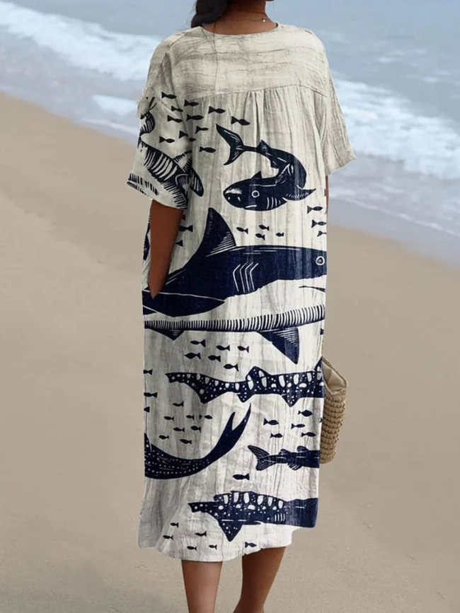 Women's Shark Art Print Casual Dress 8019