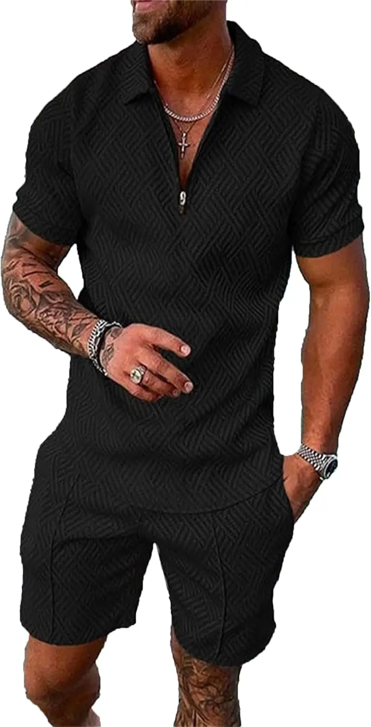 18 Pack Men Track Suits 2 Piece Set Summer Casual Outfits Fashion Polo Shirts Short Sleeve and Shorts Set Vacation Clothes