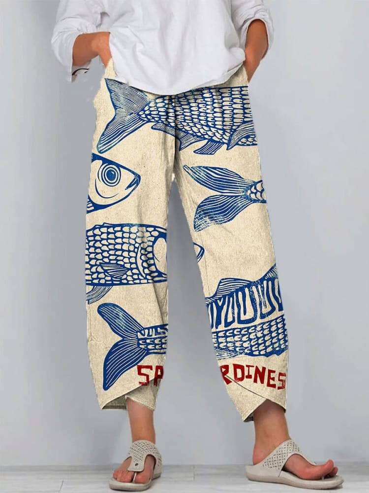 Women's Vintage Fish Sardine Art Print Cotton And Linen Casual Pants 01f3