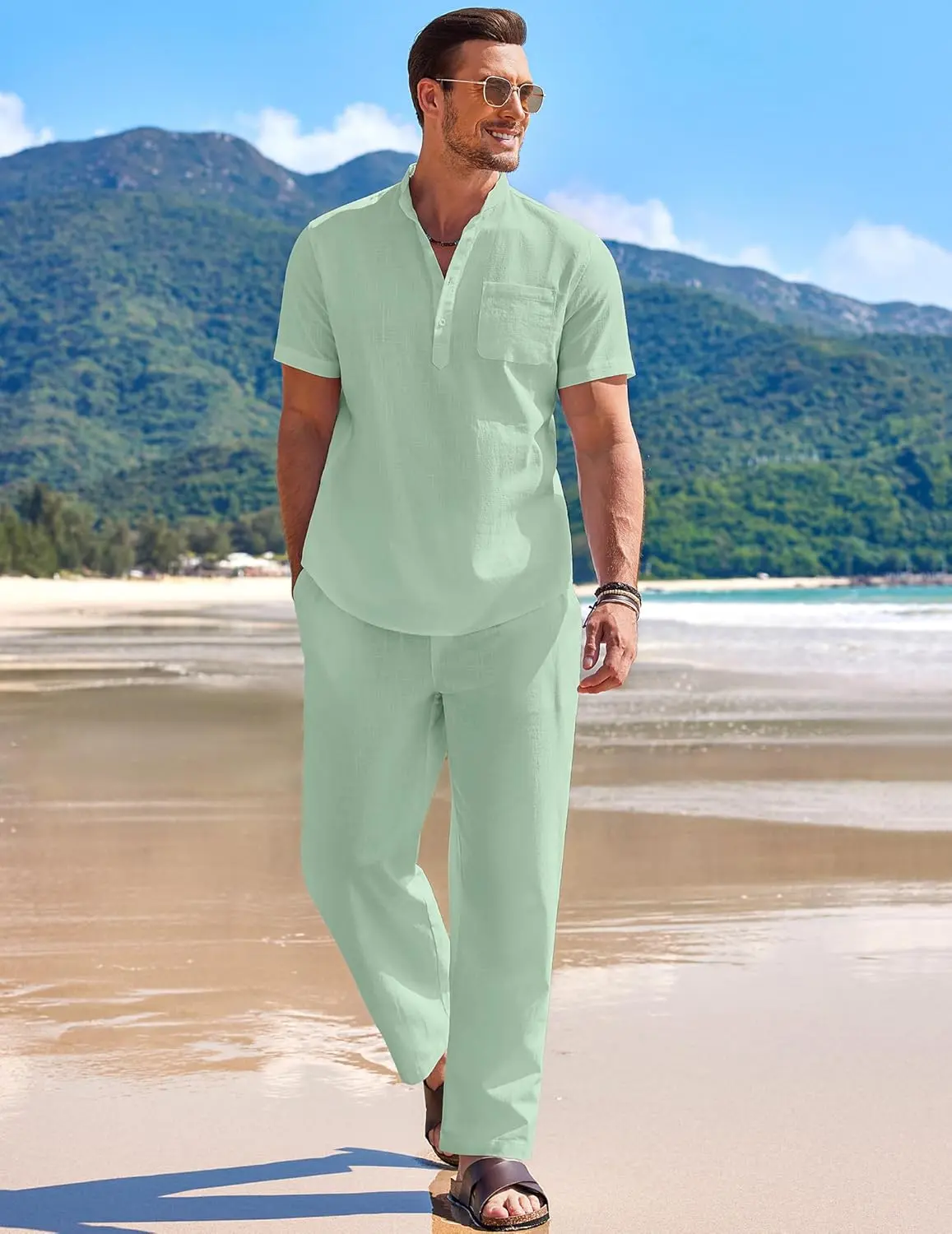 10 Pack-Men's 2 Pieces Cotton Linen Set Casual Short Sleeve Henley Shirts Beach Yoga Pants Summer Outfits