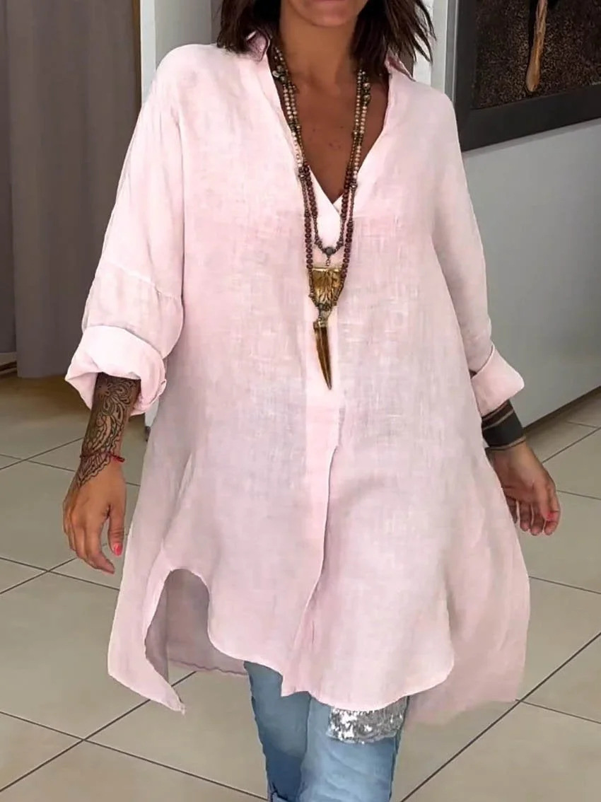 Women's Casual Cotton And Linen Shirtdress a98c