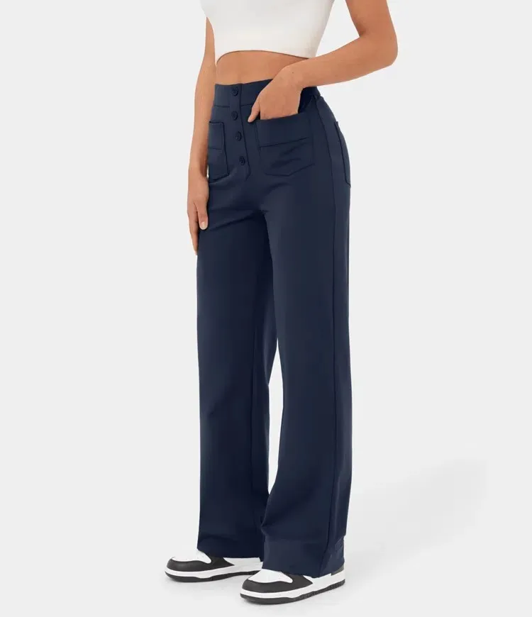 💖Today’s Promotion💐High Waisted Button Multiple Pockets Straight Leg Casual Pants
