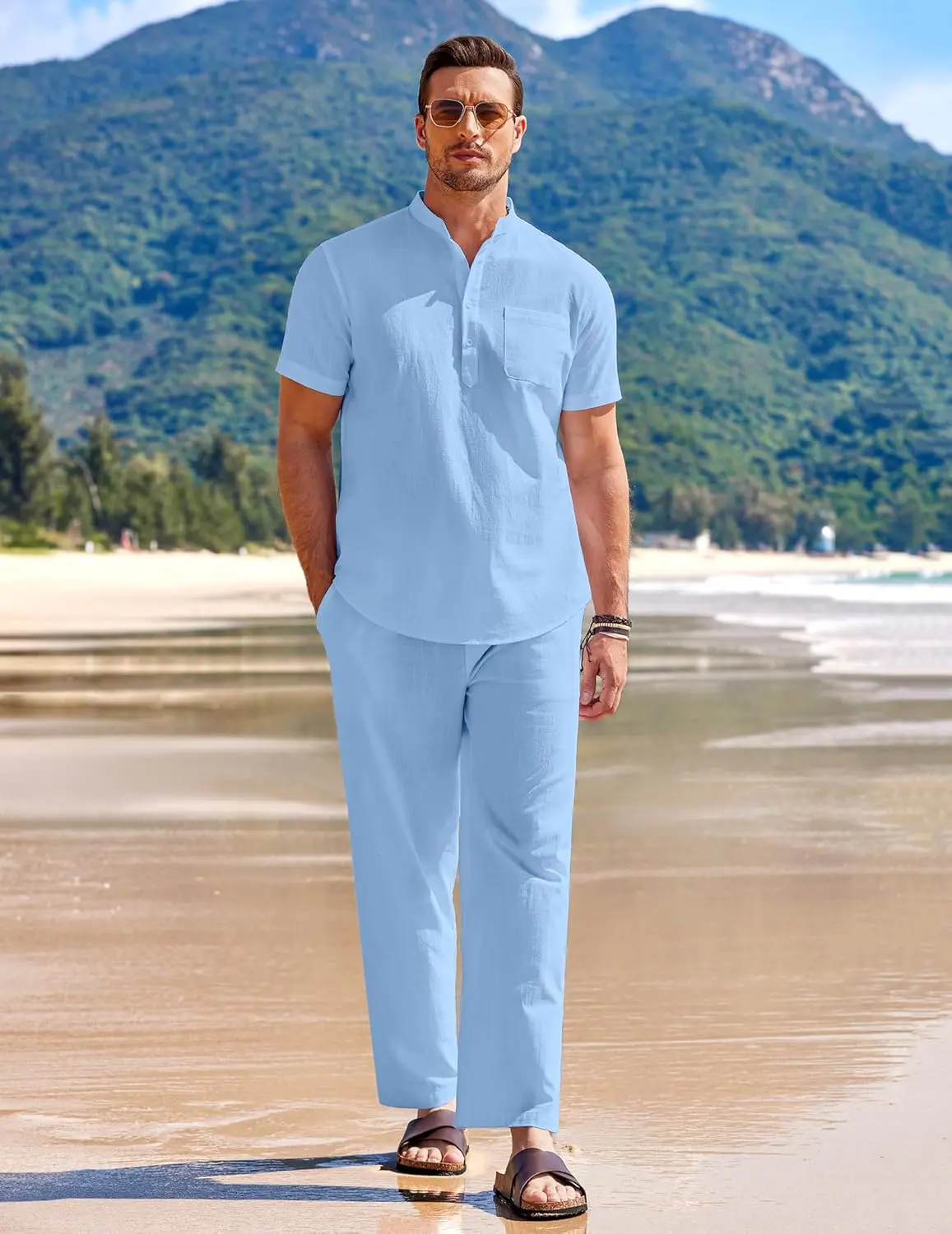 10 Pack-Men's 2 Pieces Cotton Linen Set Casual Short Sleeve Henley Shirts Beach Yoga Pants Summer Outfits