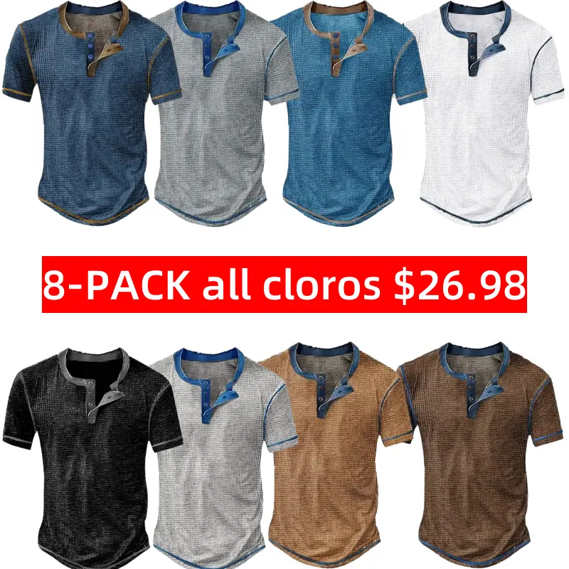 8 PACK-Men's Waffle Henley Shirt Tee Plaid Checkered Henley Outdoor Casual Short Sleeve Button Clothing Apparel Fashion Designer Comfortable