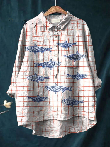 Women's Fish Art Print Casual Cotton And Linen Shirt 8571