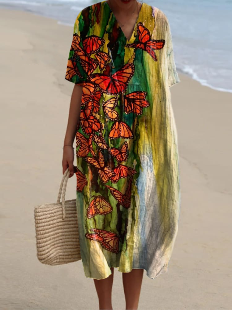 Retro Art Print V-Cou Élégant Chic Lâche Manches Courtes Robe Midi 1d24