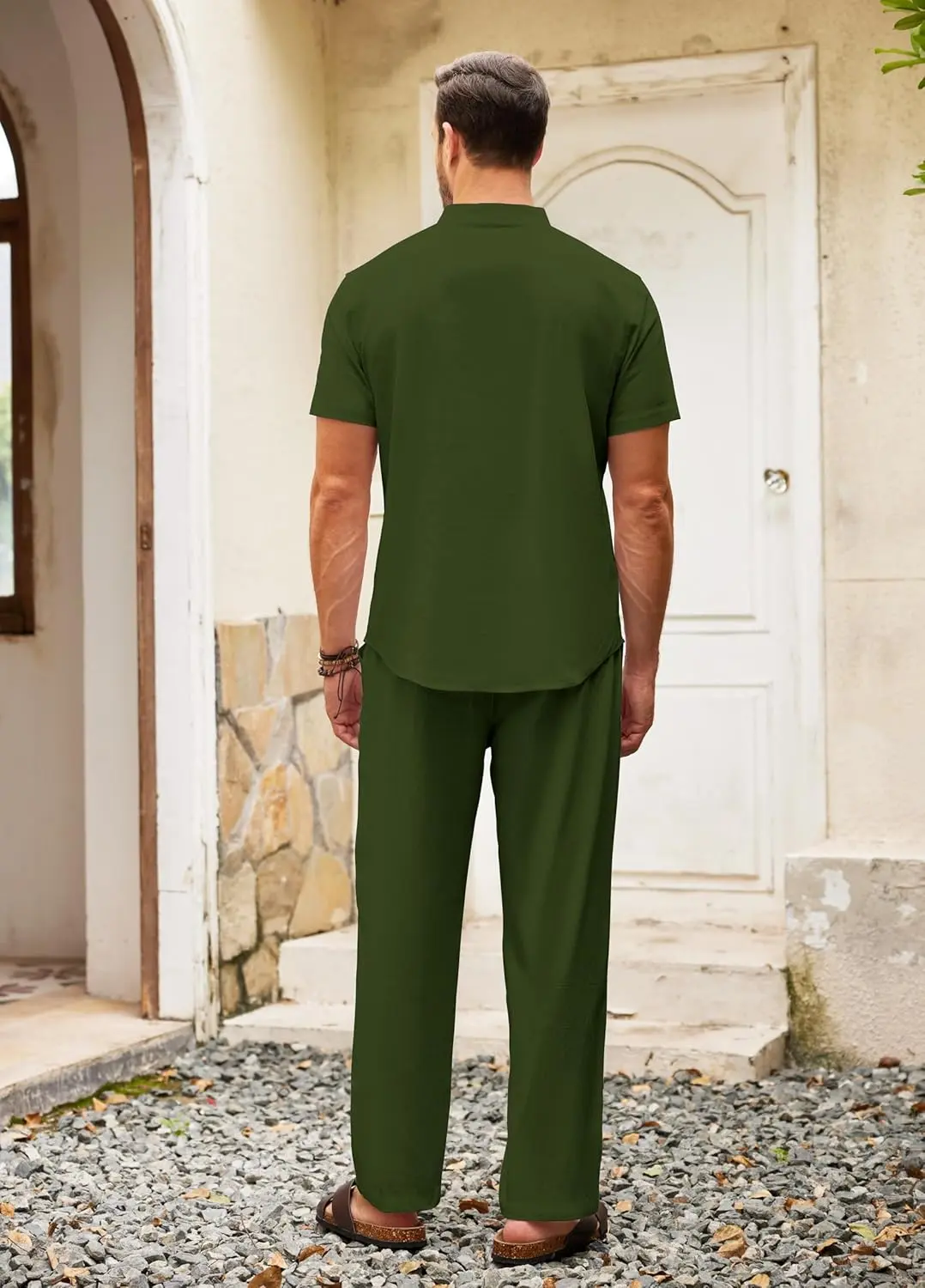 10 Pack-Men's 2 Pieces Cotton Linen Set Casual Short Sleeve Henley Shirts Beach Yoga Pants Summer Outfits