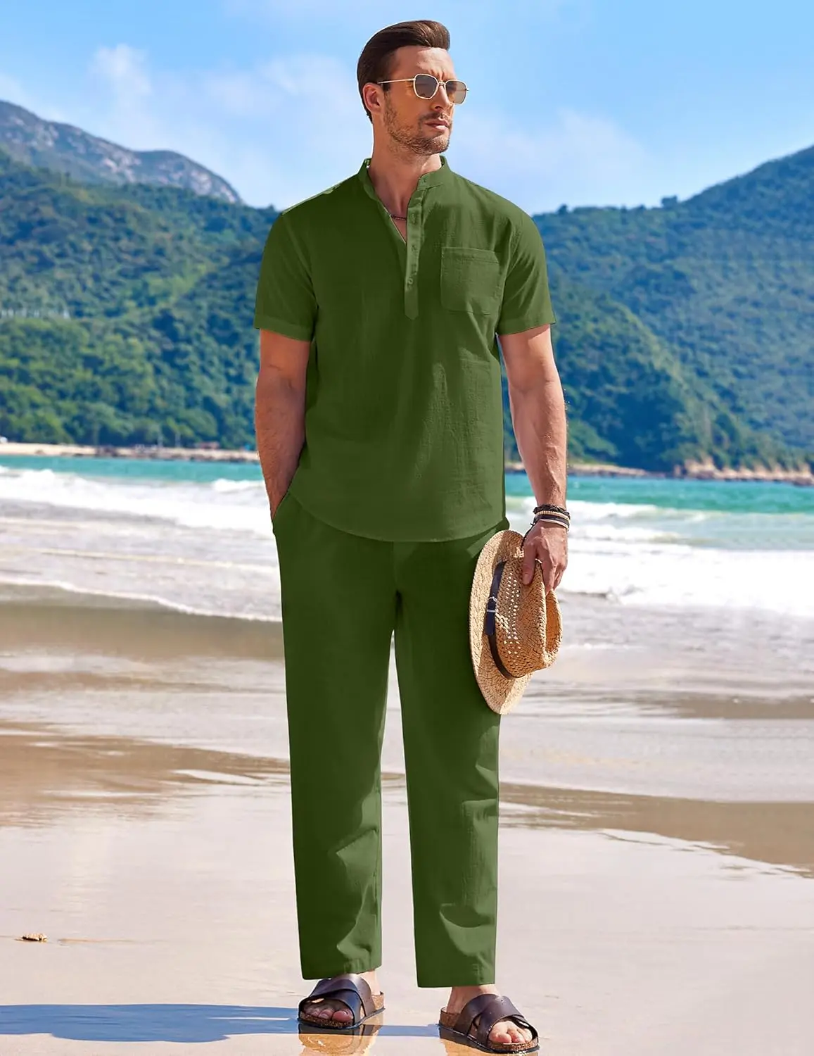 10 Pack-Men's 2 Pieces Cotton Linen Set Casual Short Sleeve Henley Shirts Beach Yoga Pants Summer Outfits