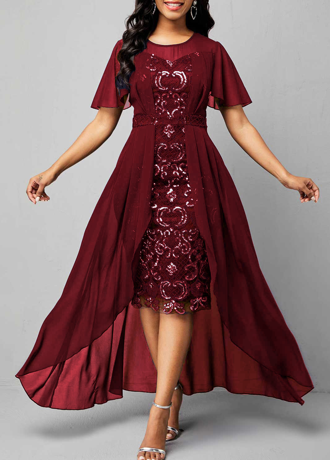 Sequin Embroidered Chiffon Round Neck Dress