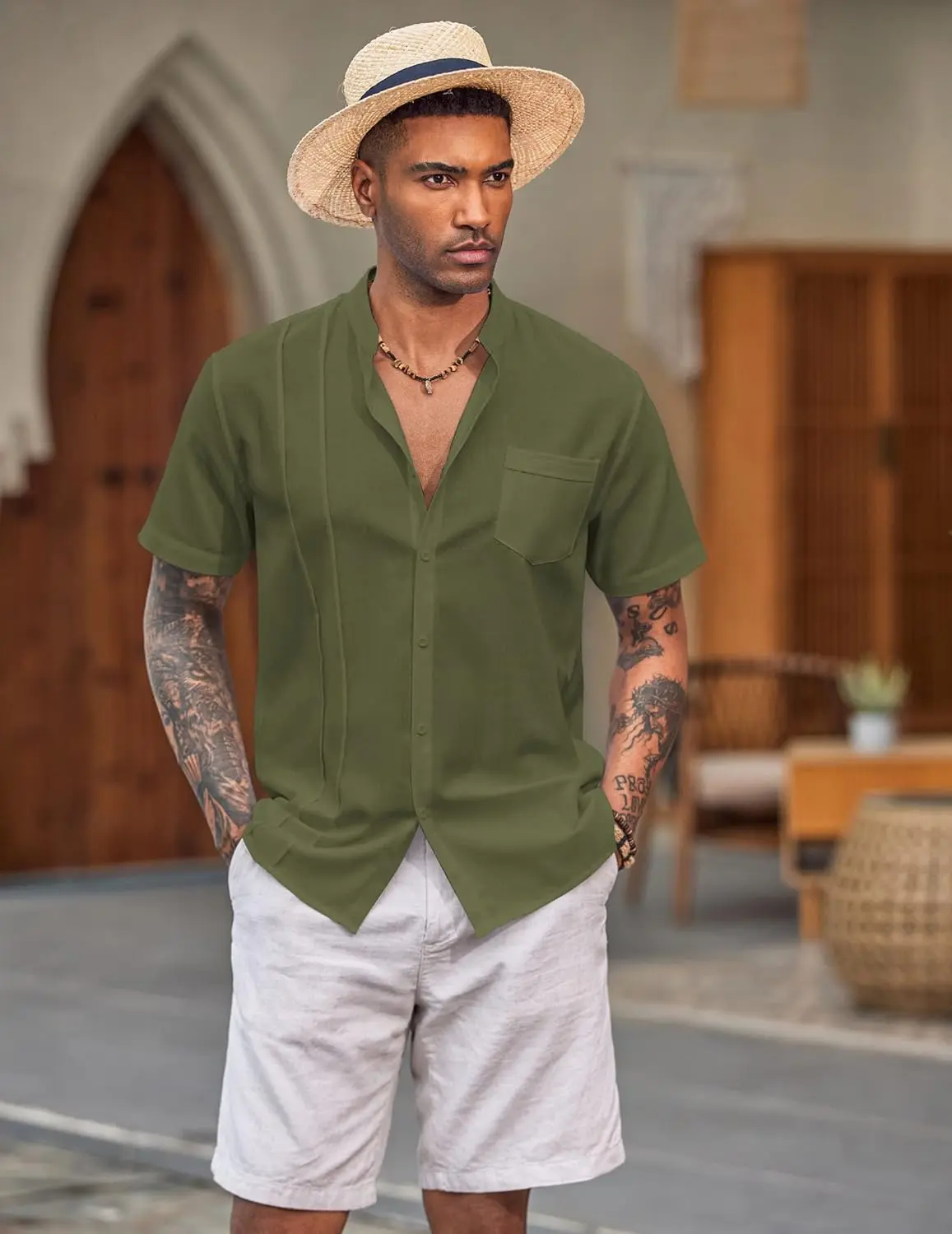 9 Pack-Men's Cuban Guayabera Shirt Cotton Linen Short Sleeve Button Down Shirts Casual Band Collar Summer Shirt