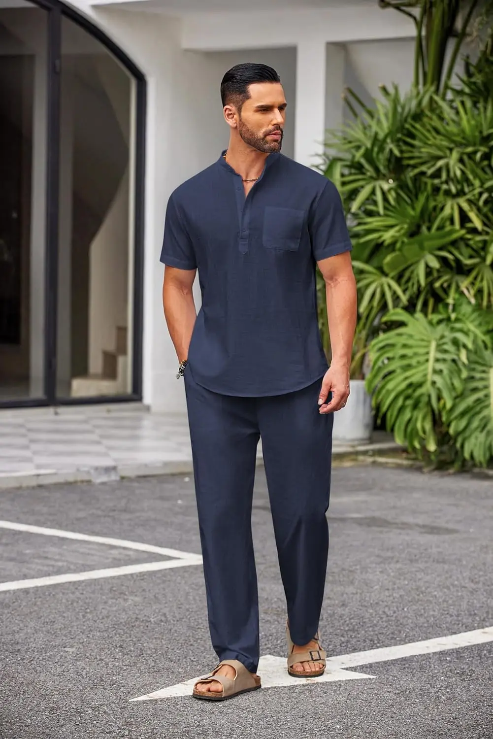 10 Pack-Men's 2 Pieces Cotton Linen Set Casual Short Sleeve Henley Shirts Beach Yoga Pants Summer Outfits