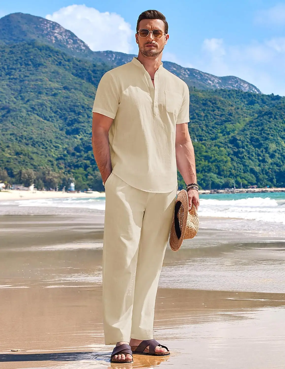 10 Pack-Men's 2 Pieces Cotton Linen Set Casual Short Sleeve Henley Shirts Beach Yoga Pants Summer Outfits