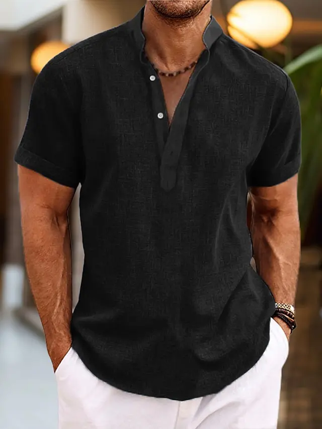 7 PACK-Men's Shirt Linen Shirt Popover Shirt Summer Shirt Beach Wear Black White Pink Green Short Sleeve Plain Henley Summer Casual Daily Clothing Apparel