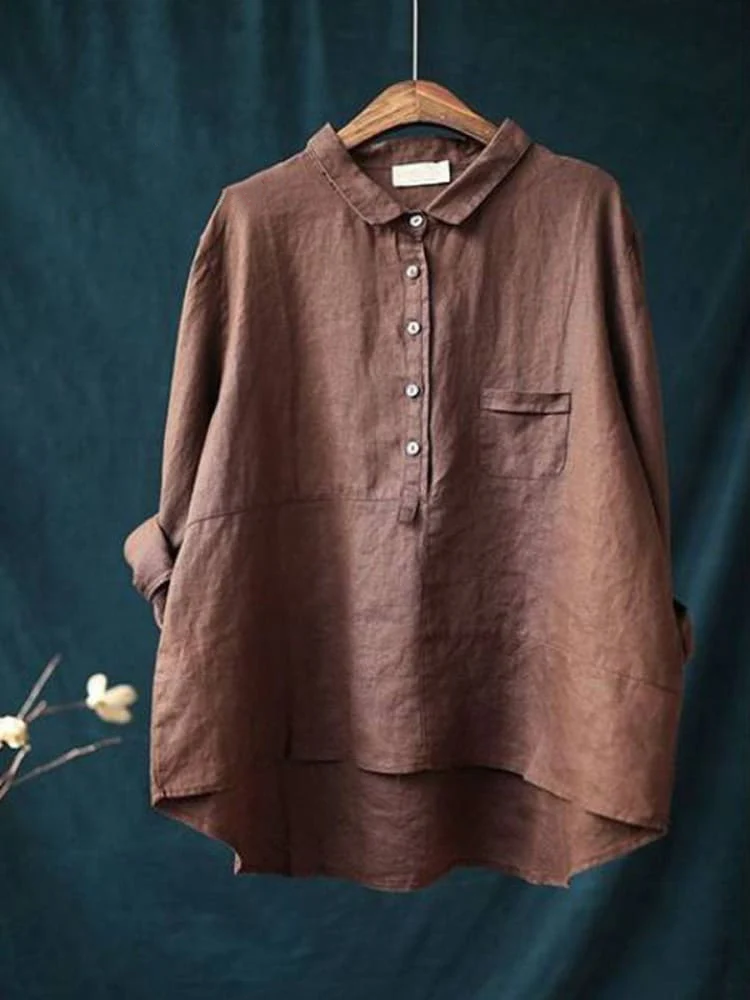 Women's Lapel Neck Casual Solid Colour Cotton And Linen Long Sleeve Shirt 120a