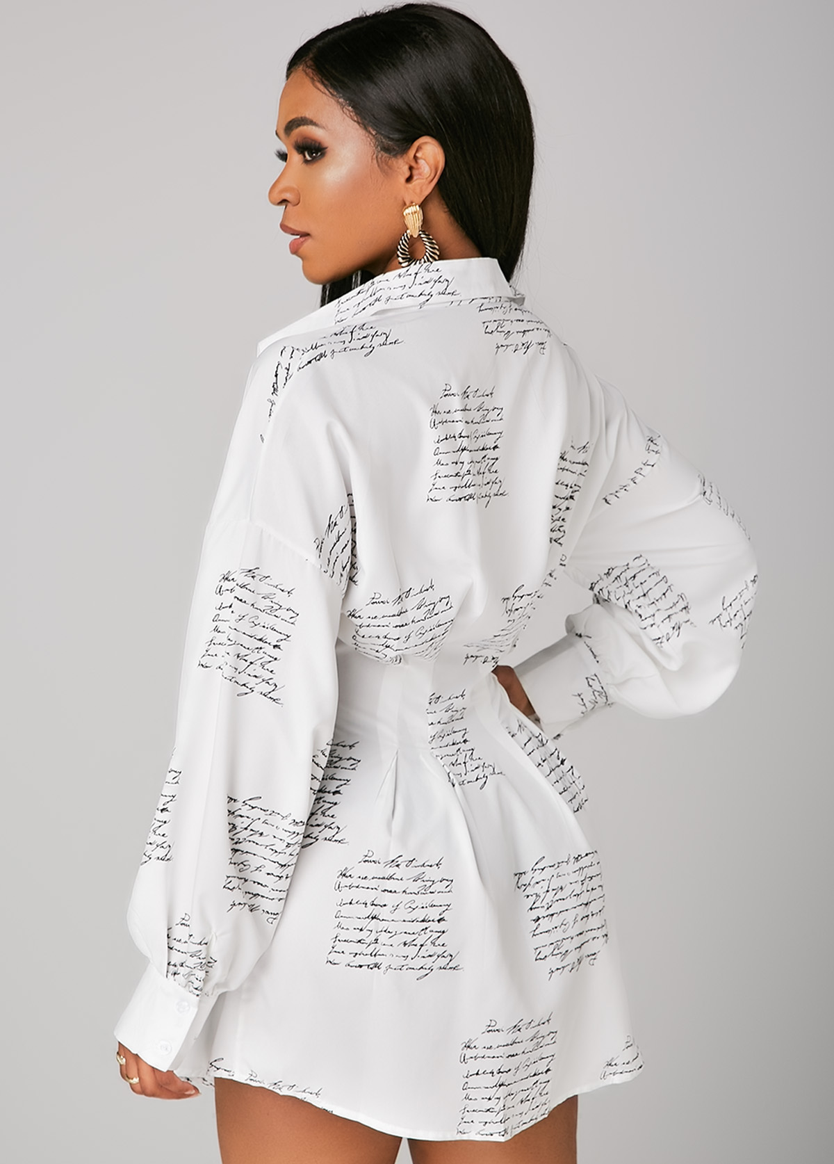 Button Up Turndown Collar Letter Print Shirt Dress