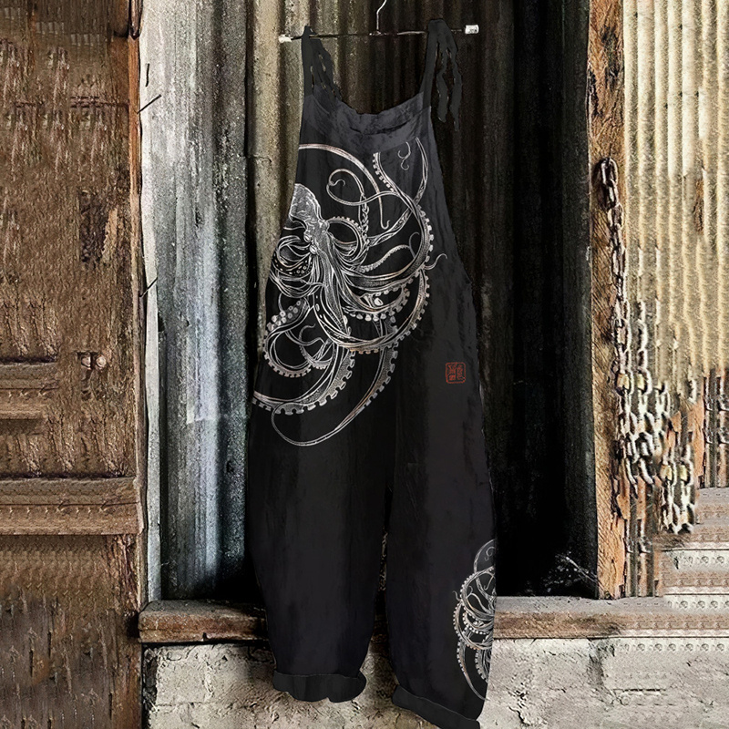 Vintage Japanese Art Octopus Print Casual Loose Jumpsuit 908a