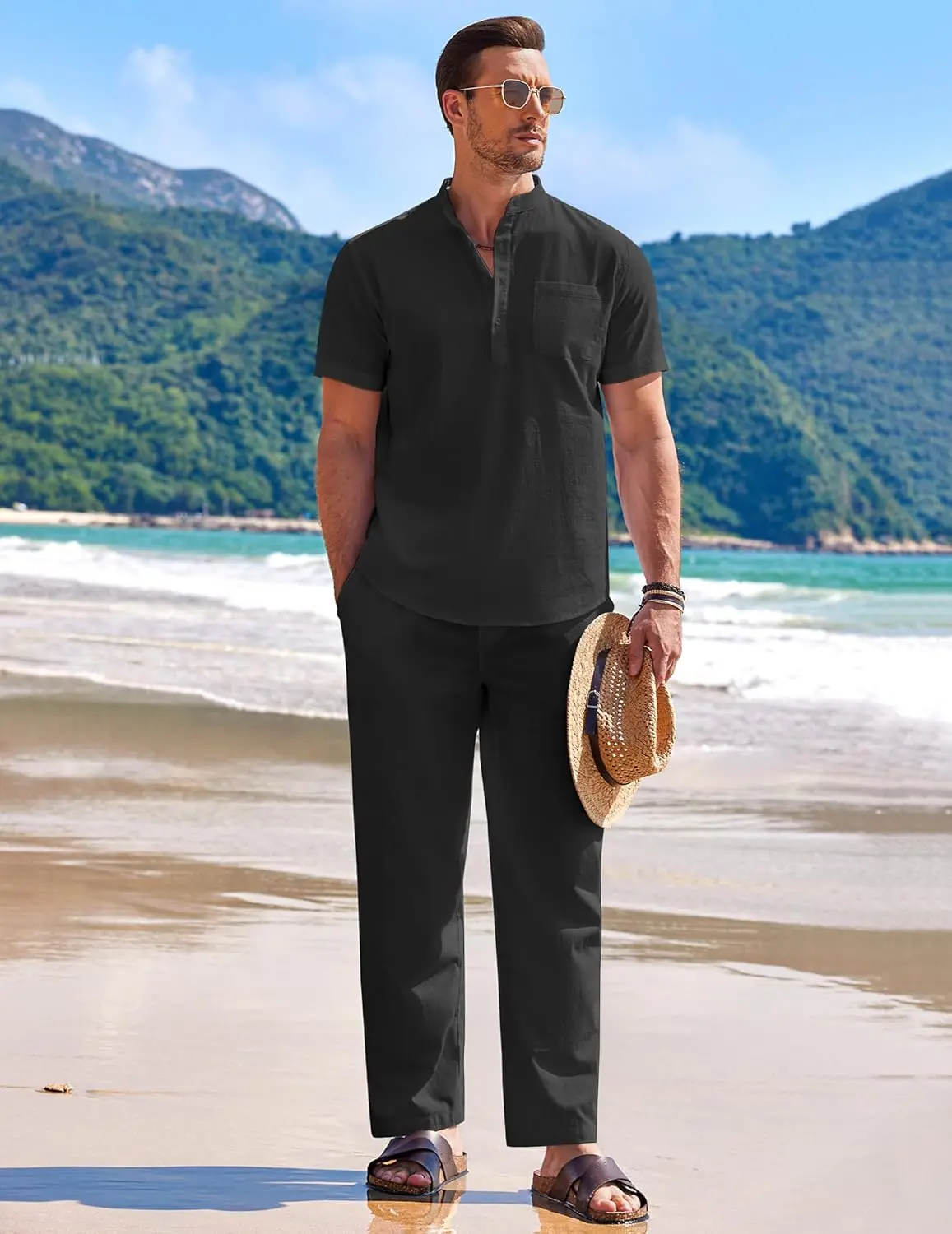 10 Pack-Men's 2 Pieces Cotton Linen Set Casual Short Sleeve Henley Shirts Beach Yoga Pants Summer Outfits