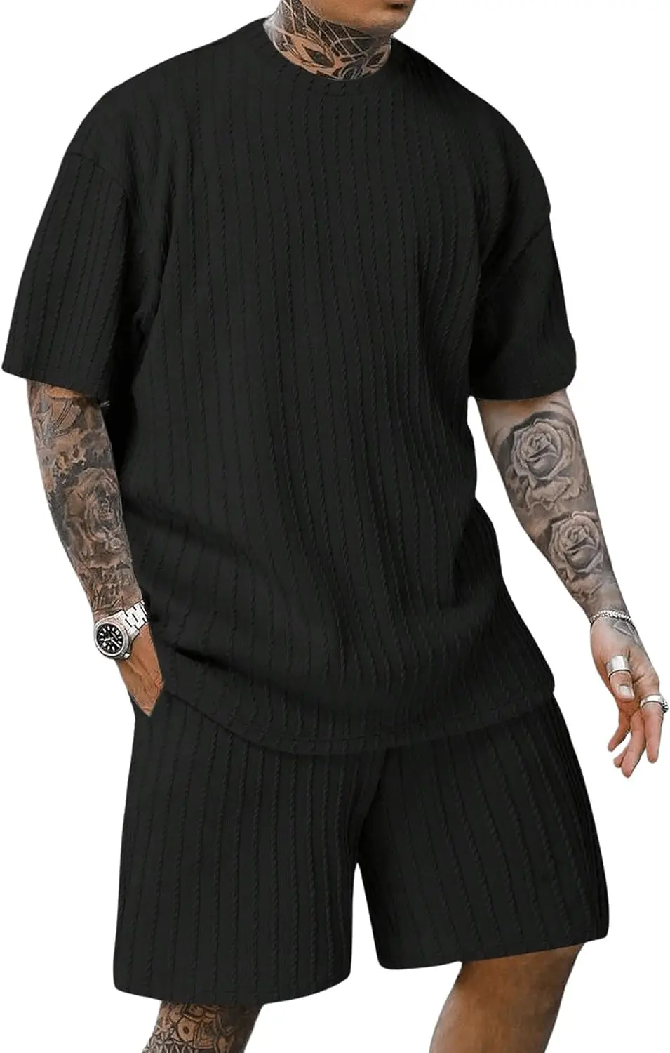 7 Pack-Men's 2 Piece Outfits Short Sleeve Crewneck Summer T Shirt and Drawstring Casual Track Shorts Set