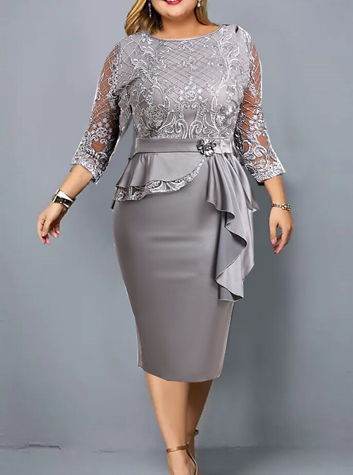 Women's Plus Size Work Dress Floral Crew Neck 3/4 Length Sleeve Winter Fall Stylish Elegant Midi Dress Date Work Dress / Sheath Dress