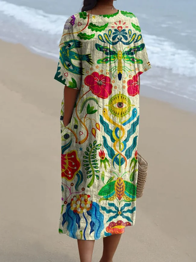 Women's Vintage Quirky Eyes Floral Art Print Flowing Dress 3b17