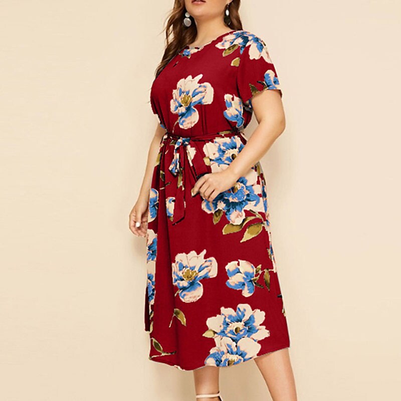 Women's Plus Size A Line Dress Floral Casual Midi Dress