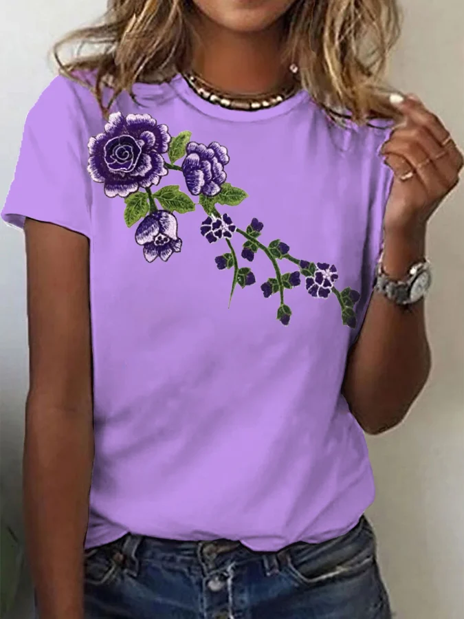 Women's Purple Alzheimer's Flower Print Tee