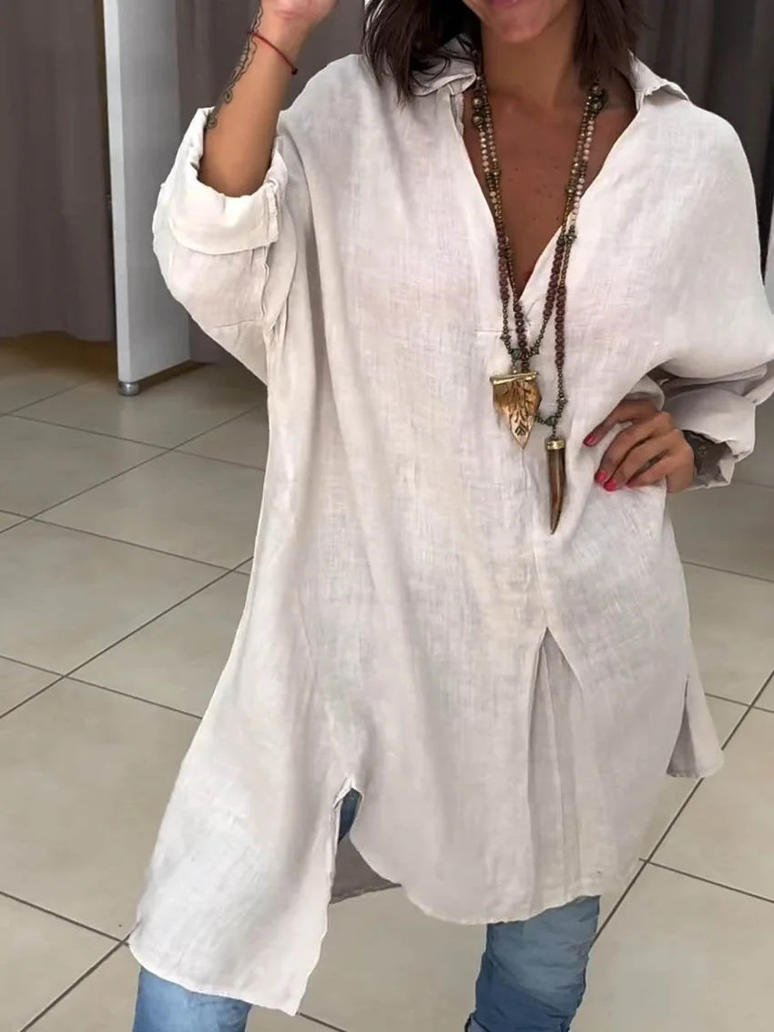 Women's Casual Cotton And Linen Shirtdress a98c