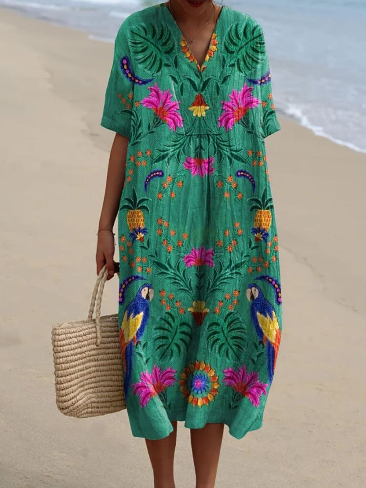 Women's Vintage Lovely Floral Parrots Art Print Flowy Dress 9a67