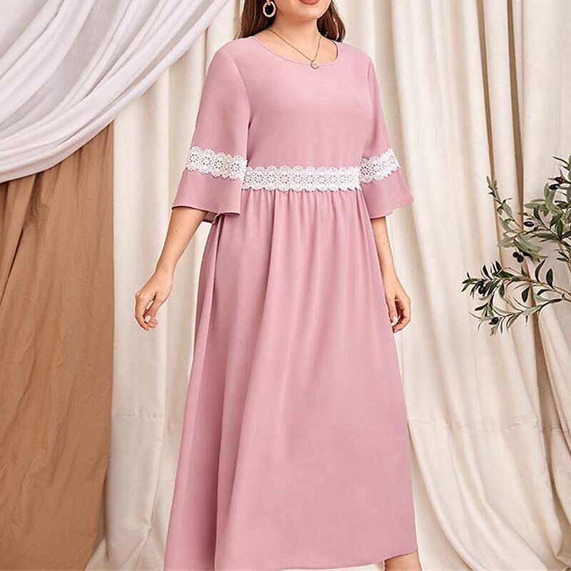 Women's Plus Size Casual Dress Color Block Crew Neck Lace Dress