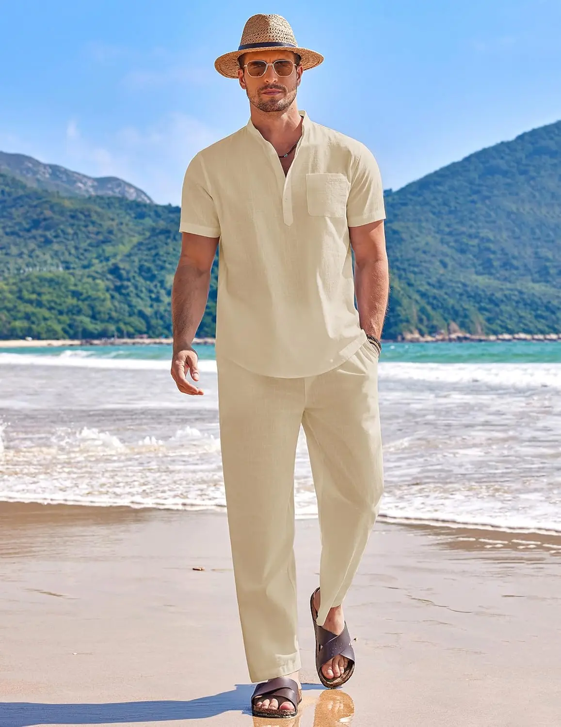 10 Pack-Men's 2 Pieces Cotton Linen Set Casual Short Sleeve Henley Shirts Beach Yoga Pants Summer Outfits