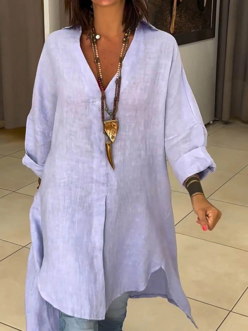 Women's Casual Cotton And Linen Shirtdress a98c