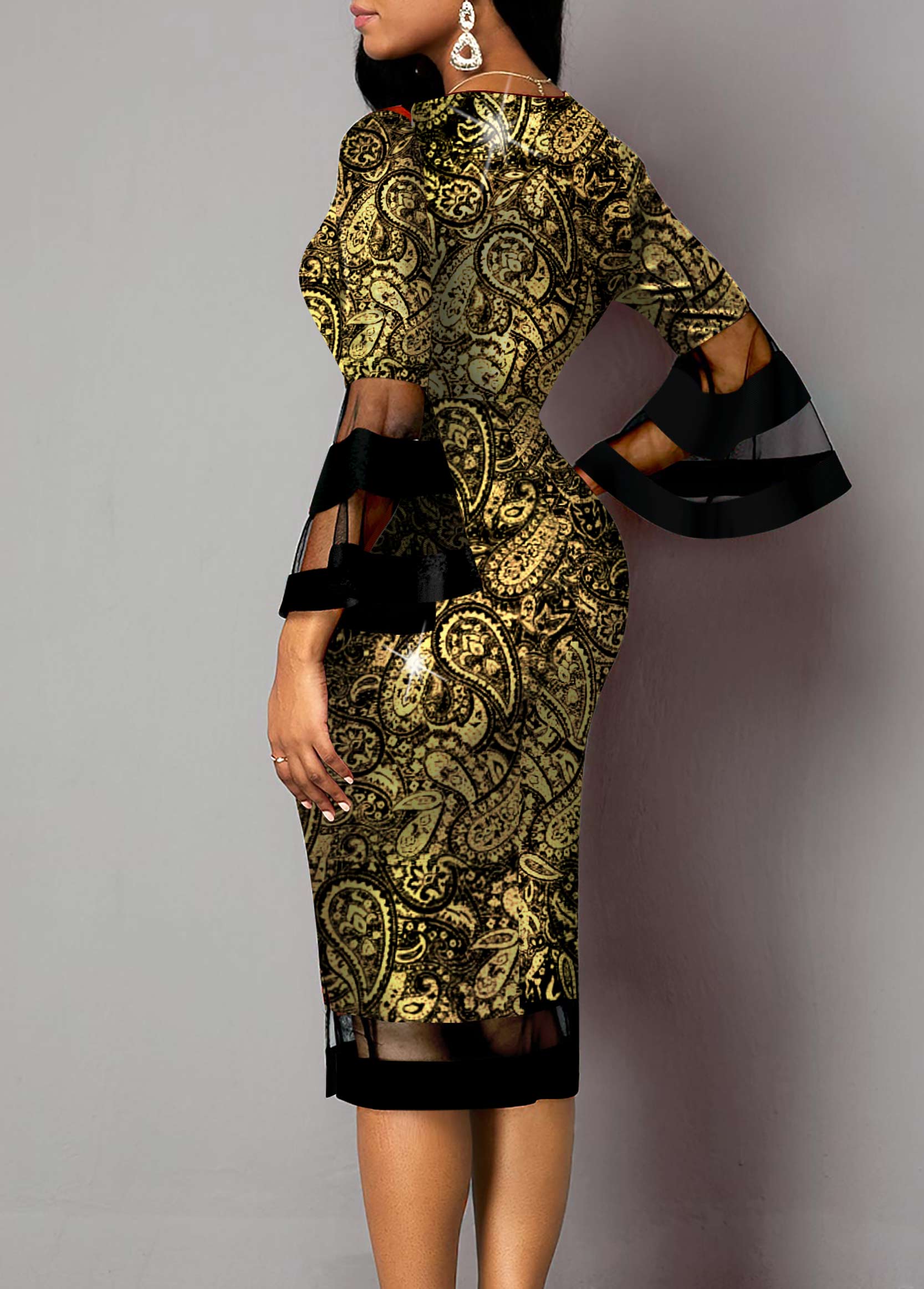 Paisley Print 3/4 Sleeve Golden Dress