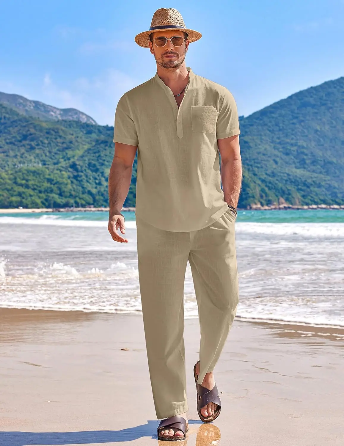 10 Pack-Men's 2 Pieces Cotton Linen Set Casual Short Sleeve Henley Shirts Beach Yoga Pants Summer Outfits