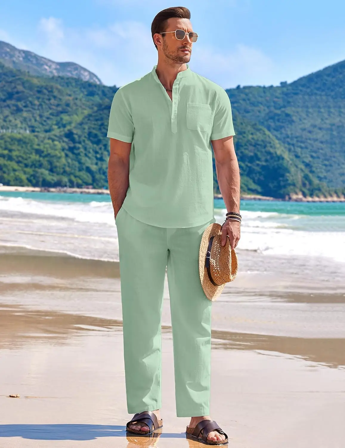 10 Pack-Men's 2 Pieces Cotton Linen Set Casual Short Sleeve Henley Shirts Beach Yoga Pants Summer Outfits