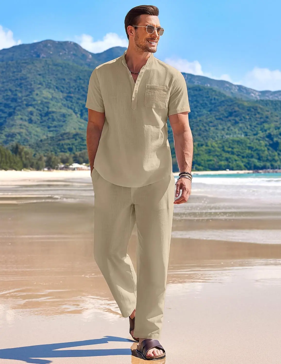 10 Pack-Men's 2 Pieces Cotton Linen Set Casual Short Sleeve Henley Shirts Beach Yoga Pants Summer Outfits