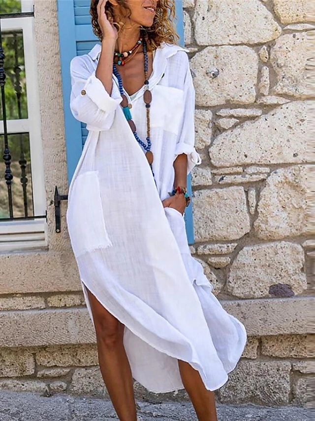 Women's White Dress Linen Dress Shirt Dress Maxi Dress Button Pocket Casual Daily Vacation V Neck 3/4 Length Sleeve 7c05