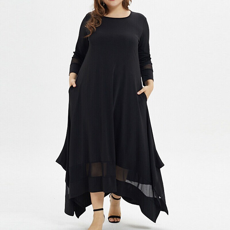Women's Plus Size Casual Dress Pure Color Crew Neck 3/4 Length Sleeve Winter Fall Casual Maxi long Dress Daily Vacation Dress / Black Dress