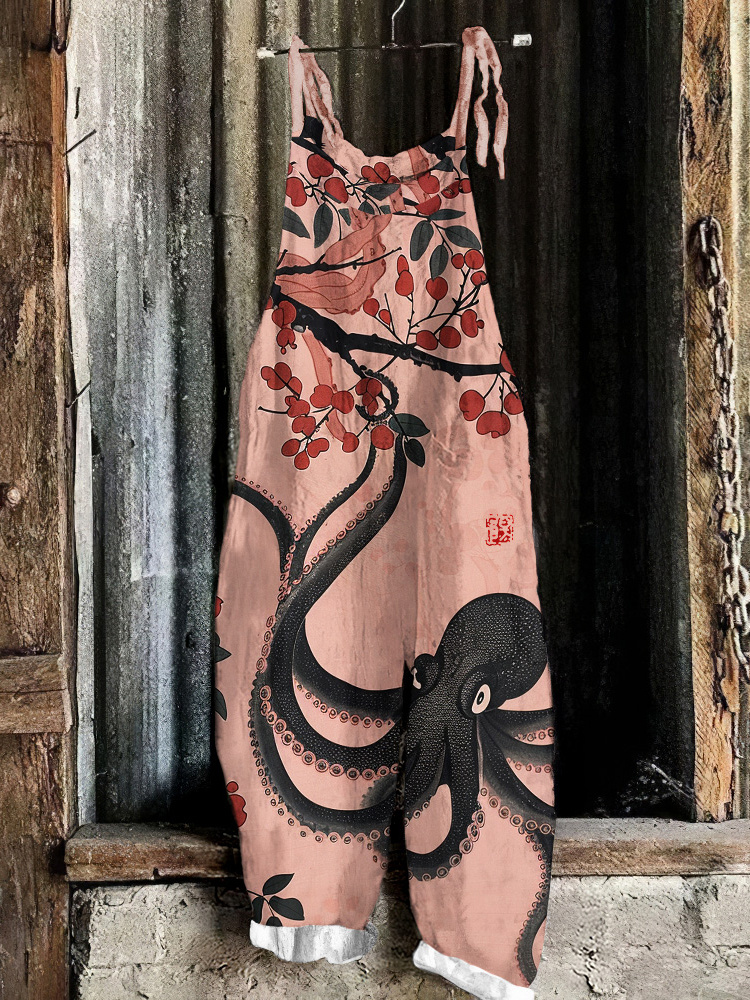 Vintage Octopus Blossom Art Print Loose Jumpsuit c18b