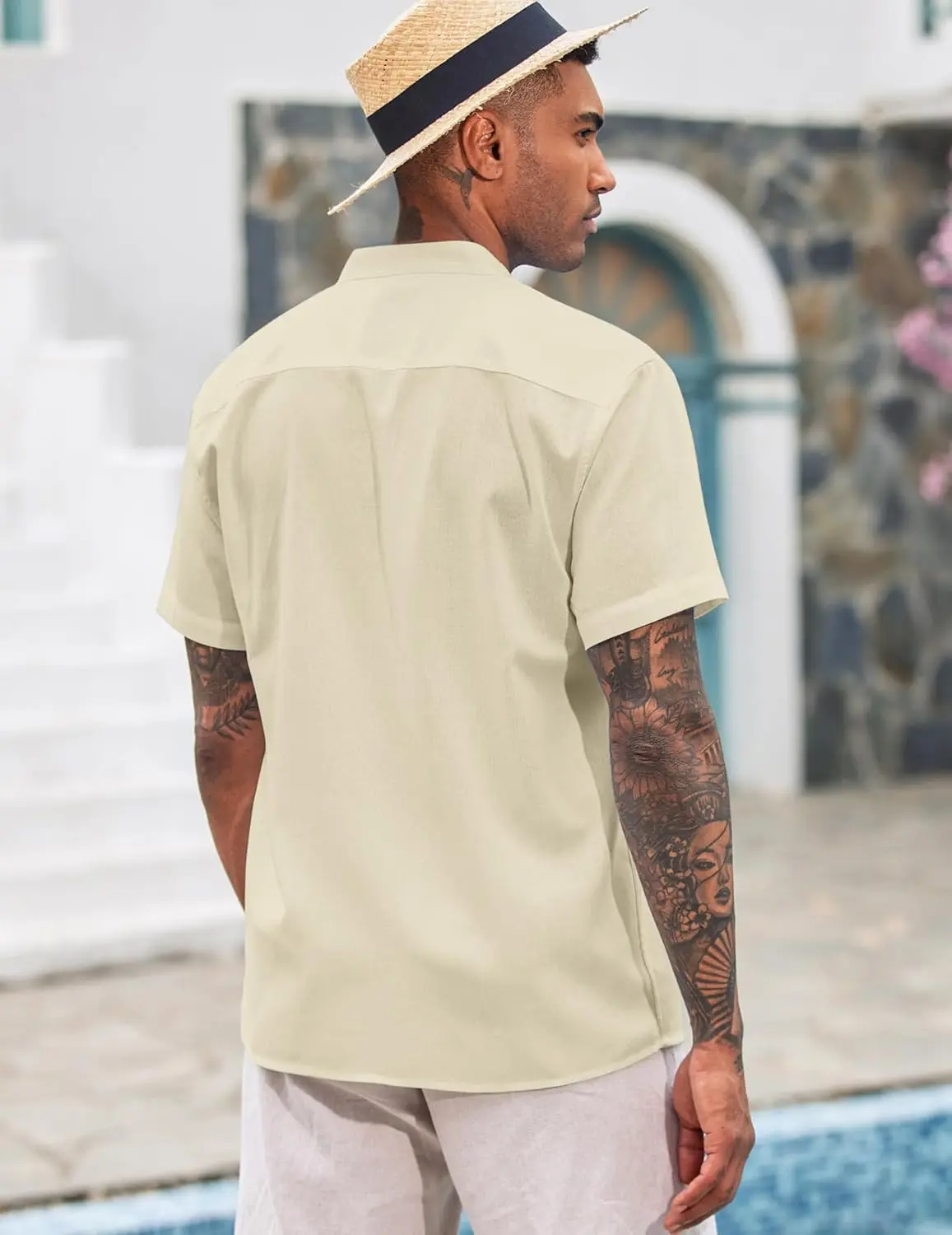 9 Pack-Men's Cuban Guayabera Shirt Cotton Linen Short Sleeve Button Down Shirts Casual Band Collar Summer Shirt