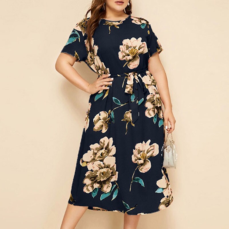 Women's Plus Size A Line Dress Floral Casual Midi Dress