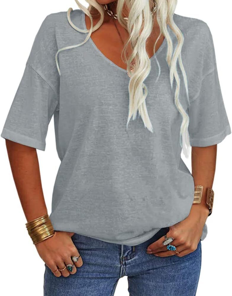 Summer Casual Half Sleeve T-shirt Basic Tops Solid Color 07f8