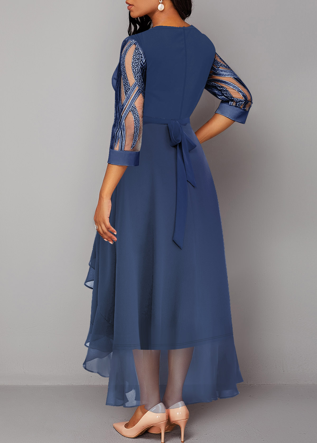 Sequin Blue Mesh Stitching High Low Dress