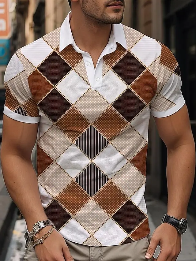 4 PACK-Plaid Checkered Men's Sportswear 3D Print Polo Shirt Formal Work Street Polyester Short Sleeve Turndown Polo Shirts Blue Green Spring & Summer S M L Micro-elastic Lapel Polo