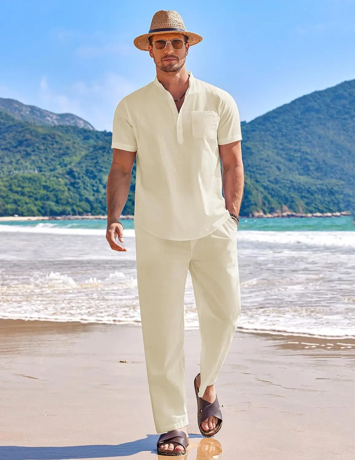 10 Pack-Men's 2 Pieces Cotton Linen Set Casual Short Sleeve Henley Shirts Beach Yoga Pants Summer Outfits